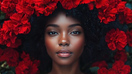 A Black Woman's Portrait Surrounded by Crimson Flowers