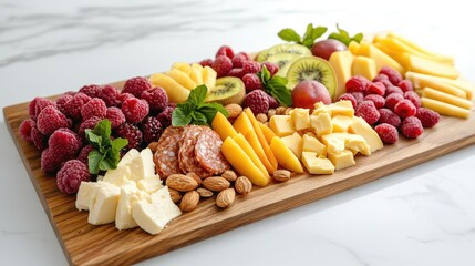 Wellness dining healthy sustainable concept. Sustainable plant-based charcuterie board with fresh fruit and nut cheeses