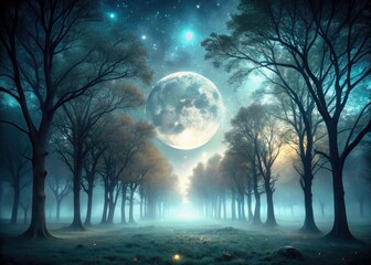 Fototapeta premium Minimalist night photography: moonlit trees in an enchanted forest, glowing otherworldly, a bewitching AI art.