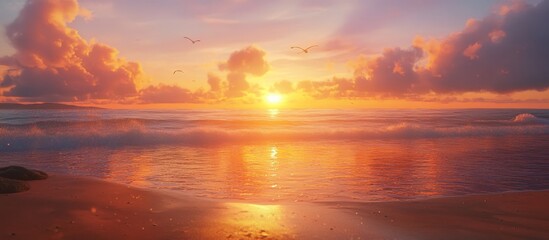 Obraz premium Golden sunset over ocean beach with birds flying.