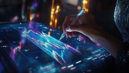 Woman's hand using stylus on tablet displaying dynamic financial data.
