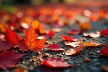 Vibrant red, orange, yellow leaves scattered on ground, fall, red leaves, outdoor