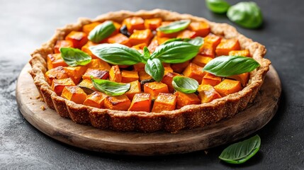 Plant based cuisine vegetarian homemade. Rustic homemade vegetable tart with a flaky whole wheat crust and fresh basil