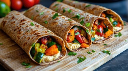 Plant based cuisine vegetarian homemade. Soft homemade whole wheat tortillas filled with roasted vegetables and hummus