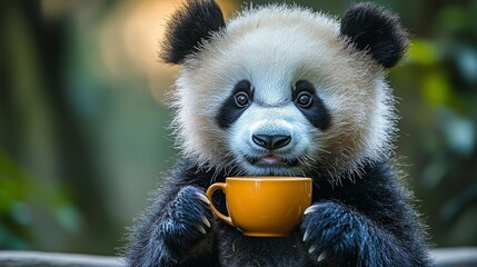 Obraz premium Panda Executive Sipping Tea in Cozy Corporate Lounge Blending Animal and Business Elegance