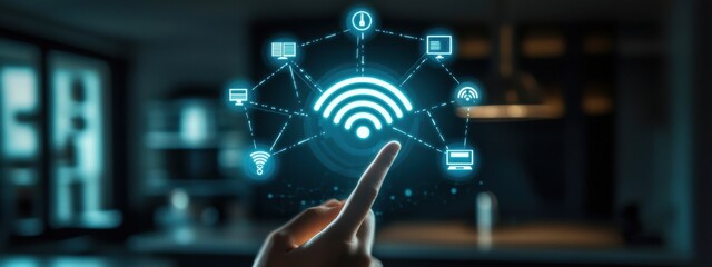 Fototapeta premium Interactive Display of Wi-Fi Connectivity with Digital Icons and a Person Touching the Interface