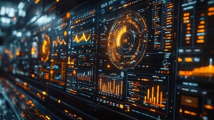 Futuristic Business Dashboard with Vibrant Analytics Graphs and Holographic Displays