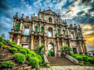 Fototapeta premium Mysterious Macau church ruins: decaying Gothic architecture, Asian heritage, and exploration photography awaits.