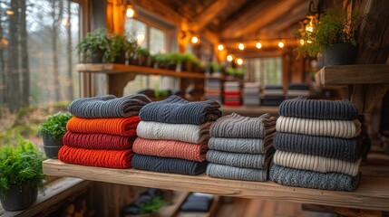 Cozy sweaters displayed in rustic cabin shop