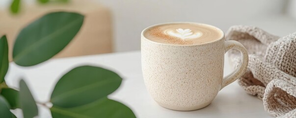 Plant based cuisine vegetarian homemade. Homemade almond milk latte with cinnamon and vanilla in a cozy ceramic mug