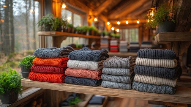 Cozy sweaters displayed in rustic cabin shop