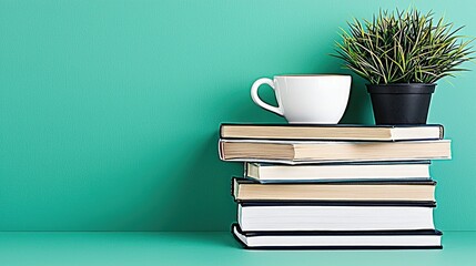 A stack of books with a white cup and a small potted plant, set against a vibrant teal background, creating a cozy and stylish reading nook.