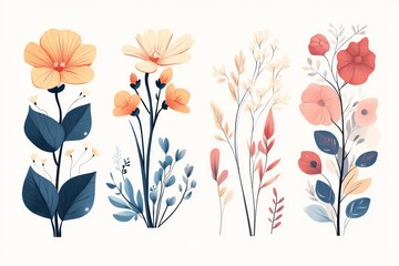 Naklejka premium Vector set of seasonal illustrations featuring pastel colors for spring, vibrant hues for summer, warm tones for autumn, and cool blues for winter.
