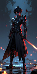 a warrior character in a dark outfit with purple accents, wielding a glowing pink/red sword.