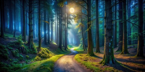 Fototapeta premium Night hike photography: scenic trail images showcasing the beauty of a dark forest path under moonlight.