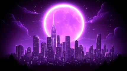 Fototapeta premium Purple Cityscape Underneath a Giant Violet Moon Night Sky Fantasy Art