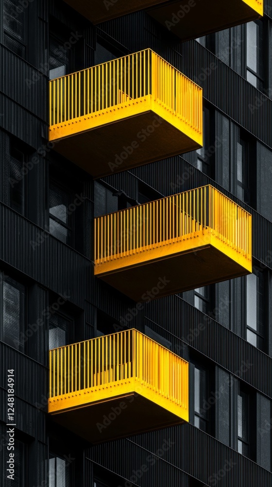 Poster bold yellow balconies punctuate a sleek black facade, embodying a minimalist approach to urban archi