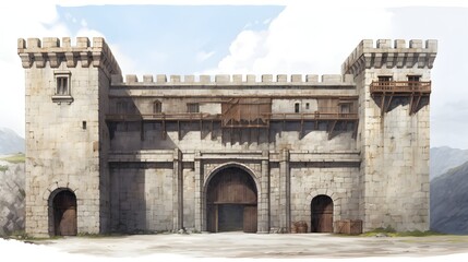 Fototapeta premium Majestic medieval castle with tall imposing stone towers and detailed architectural features set against a clean white backdrop