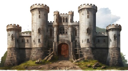 Majestic medieval stone castle with tall ornate towers and grand arched doors set against a clean white background