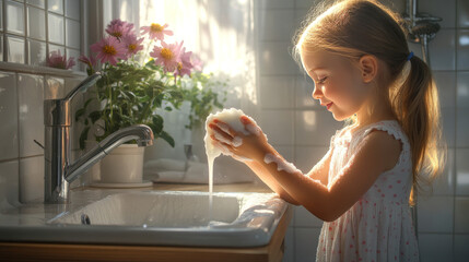 Kids washing hands, children in queue at home bathroom waiting handwashing procedure. Little girl standing on wooden pedestal lather palms with soap, boys wait in line. Cartoon vector illustration