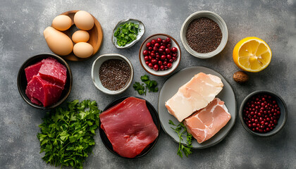 Various iron rich foods on gray table, top view. Anemia diet plan