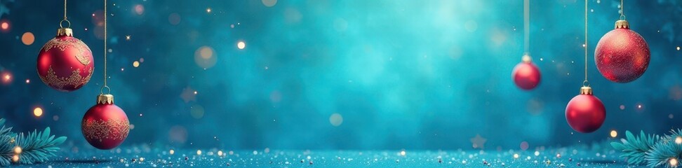 Blue background with colorful Christmas ornament elements suspended in mid-air, decorative, suspended