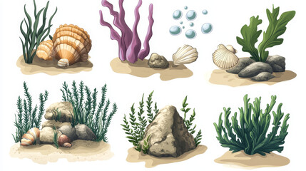 Sponge seaweed plant and pearl in shell vector illustration set. Underwater weed isolated cartoon icon on white background. undersea deep bottom flora and stone on sand drawing design collection