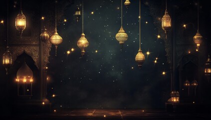 Obraz premium Golden lanterns hanging in dark room.