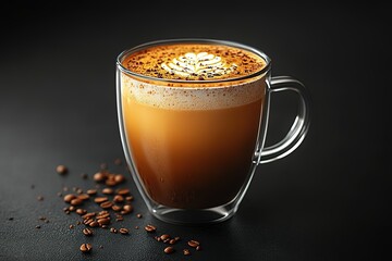 A tempting shot of a latte artfully designed in a clear glass mug accompanied by scattered coffee beans The mug sits against a dark backdrop