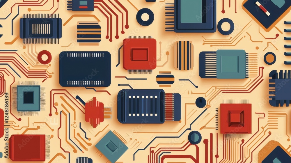 Poster A vibrant, abstract representation of circuit boards featuring colorful microchips and intricate pathways, embodying technology and connectivity.