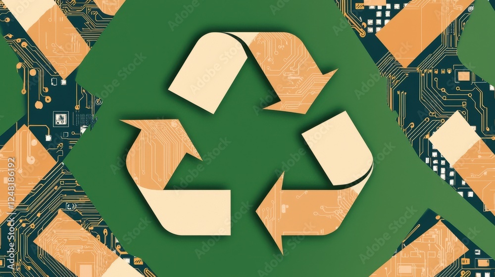Poster a green background featuring a recycling symbol, surrounded by circuit board patterns, emphasizing s