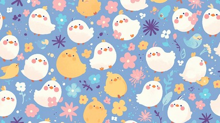 Vibrant Seamless Easter Fabric Pattern with Baby Chicks and Flowers