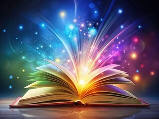 Open book, wings unfurled, soars through a magical realm; a literary adventure depicted in whimsical, surreal art.