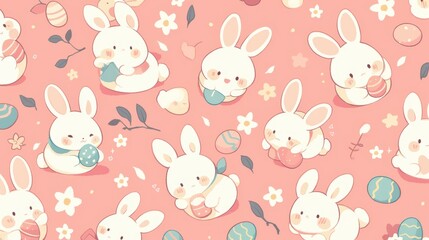 Cute Cartoon Bunnies with Easter Eggs in Soft Pastel Colors
