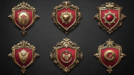 Golden award badges, game medals for win, top place in competition. Vector cartoon set of gold icons with fantasy decorative frames, achievement emblems isolated on background