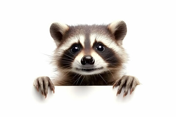 Fototapeta premium Cute raccoon peeking over white banner, studio shot