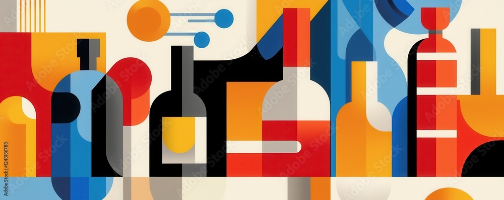 Poster a vibrant abstract illustration featuring colorful bottles and geometric shapes, creating a modern, 