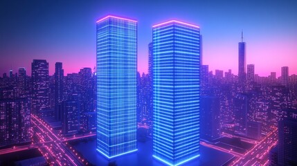 Fototapeta premium Futuristic Cityscape Twin Towers Night Illumination Modern Architecture