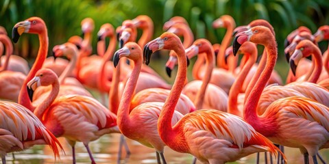 Naklejka premium Pink flamingoes in flight and at rest: exotic birds, vibrant feathers, wetland habitat, stunning bird photography for wallpaper.