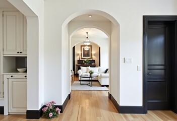 Fototapeta premium Modern Living Room Interior Design Showcase: White Archway Doorway in Black Wood Leads to a Stylish Space with White Sofa, Round Coffee Table, Floral Display, and Chandelier Lighting