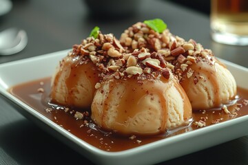 Three scoops of vanilla ice cream sit in a pool of caramel sauce topped with chopped nuts and a sprig of mint on a square plate