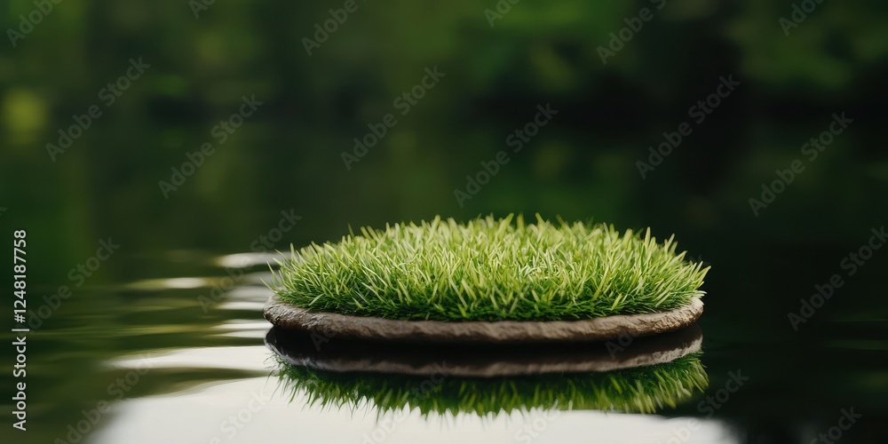 Poster a serene floating island of grass rests on calm water, surrounded by lush greenery, creating a peace