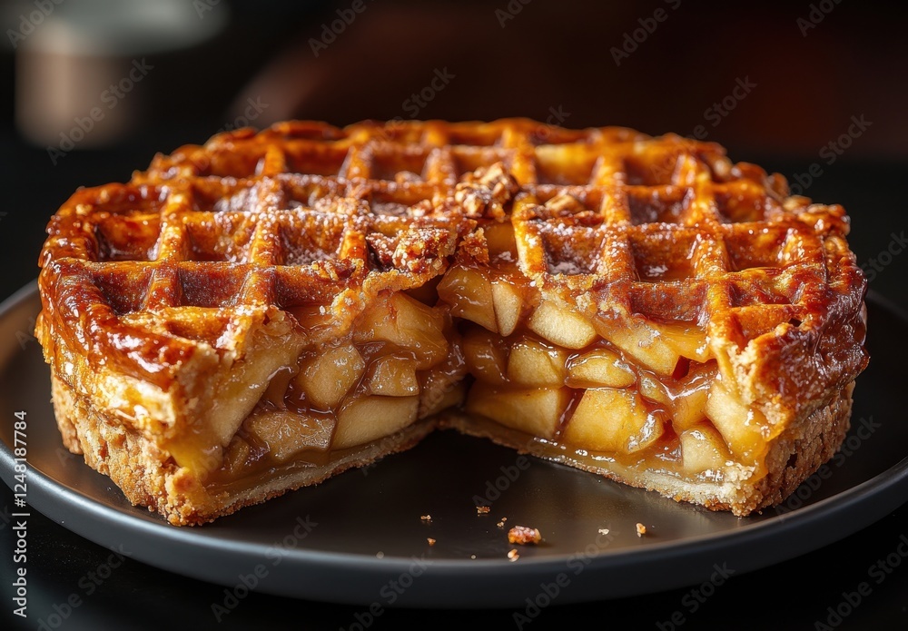 Wall mural Delicious Apple Pie with Golden Crust and Glazed Topping Served on a Dark Plate, Perfectly Cut to Showcase Juicy Filling and Crunchy Texture