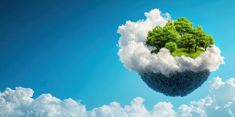 A vibrant floating island of trees rests on a fluffy cloud against a clear blue sky, symbolizing nature and tranquility.