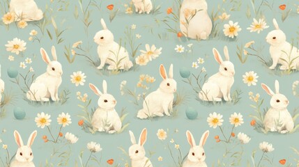 Spring Meadow Design Featuring Adorable Baby Bunnies in Floral Setting