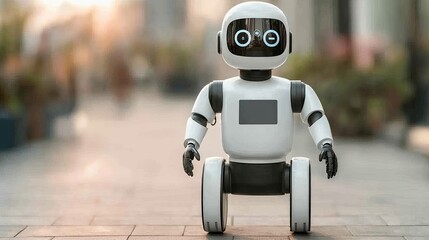 A cute, small robot stands on a paved walkway, showcasing its friendly design and advanced technology in a vibrant outdoor setting.