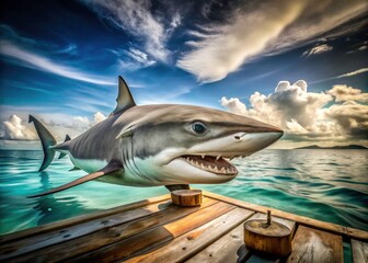 Obraz premium Powerful bull shark dominates a surreal boat deck scene; stunning marine life photography.