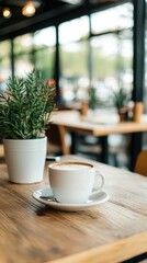 Cozy Coffee Shop with a Cup of Coffee and a Potted Plant on a Wooden Table in a Modern Interior