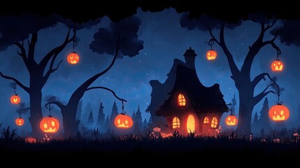 Spooky Halloween night scene featuring a haunted house illuminated by glowing jack-o'-lanterns