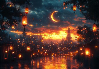 Serene Sunset with Glowing Lanterns Crescent Moon and Reflecting Waters

